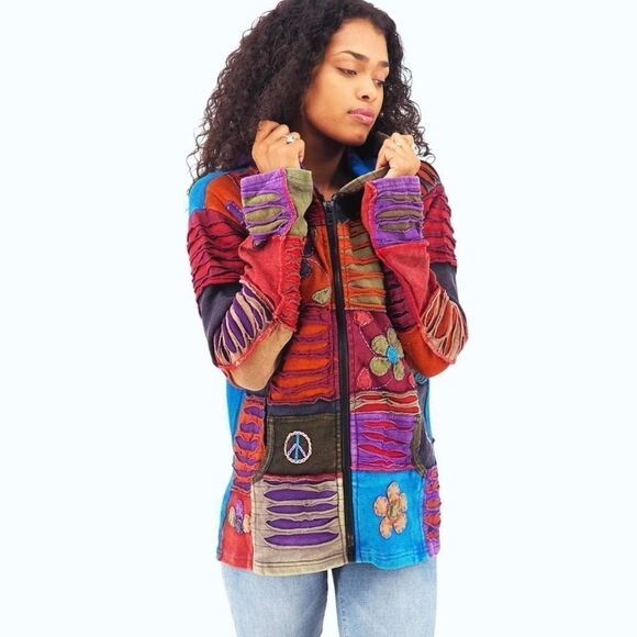 Patchwork Jacket with Hoodie, Handmade Organic Cotton Unisex Fall/Winter. - Picture 2 of 6